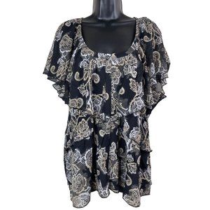 Apt 9 Blouse Womens Plus Size 1X Black Beige Sheer Lined Ruffle Top Stretch